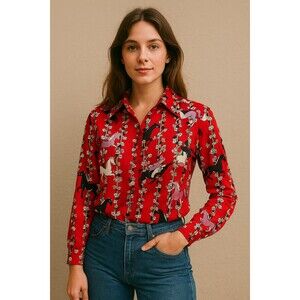 Devon Red Novelty Horse & Floral Print Button-Up Shirt – 1970s – Approx. Medium